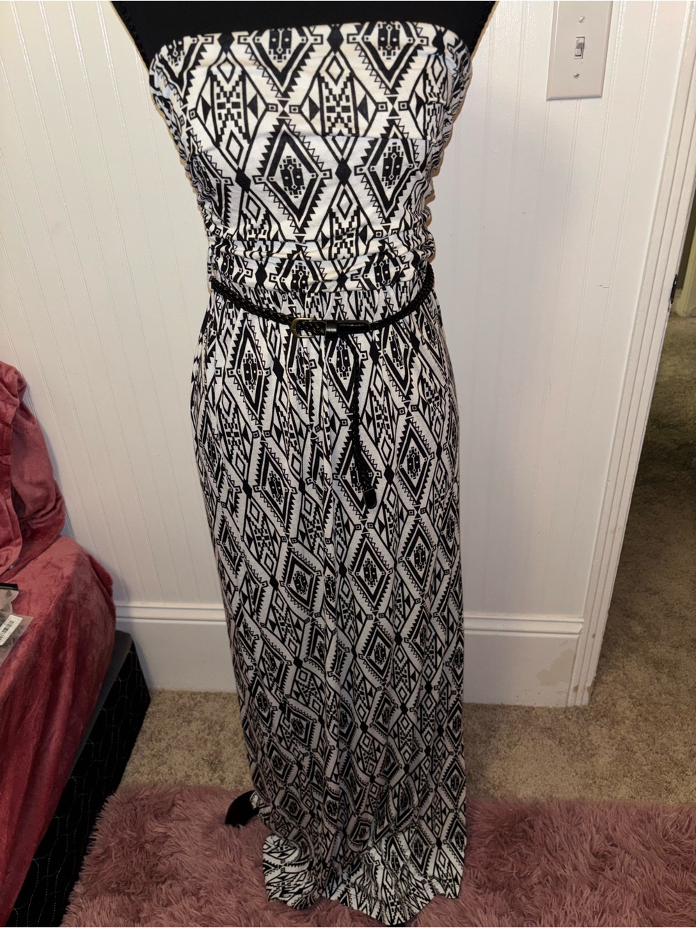 Black & White Strapless Geometric Maxi Dress